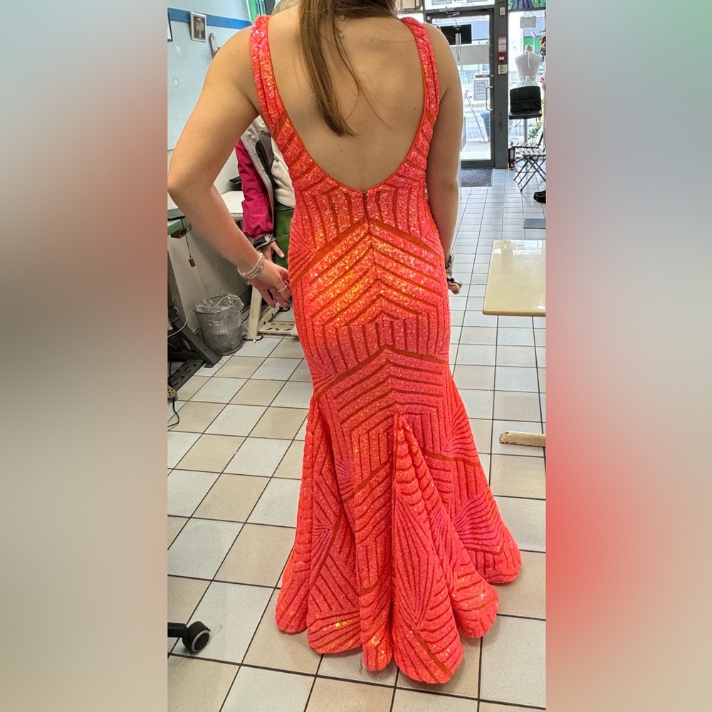 Jovani Orange Sequin V-Neck Prom Gown - Picture 3 of 5